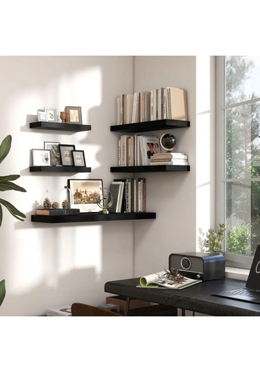 1 Adet Yüzer Raflar Ahşap Duvara Monte Depolama Rafı Derin Kalın Siyah