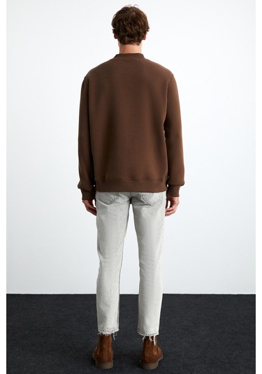 Chasey Erkek Organik Pamuklu Dik Yaka Içi Polarlı Baskılı Acı Kahve Sweatshirt