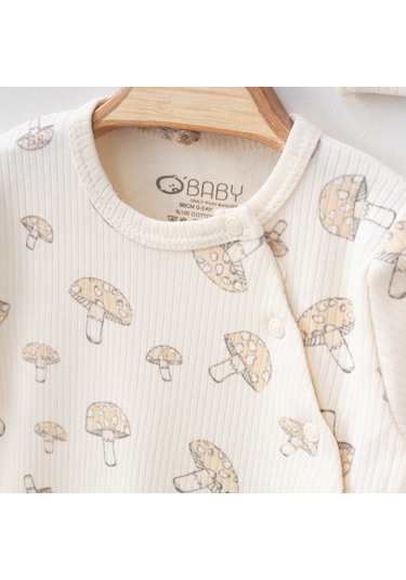 O'baby Mantar Baskılı Tulum Kız/Erkek 0/3/6Ay Patikli Bebek Tulum Krem