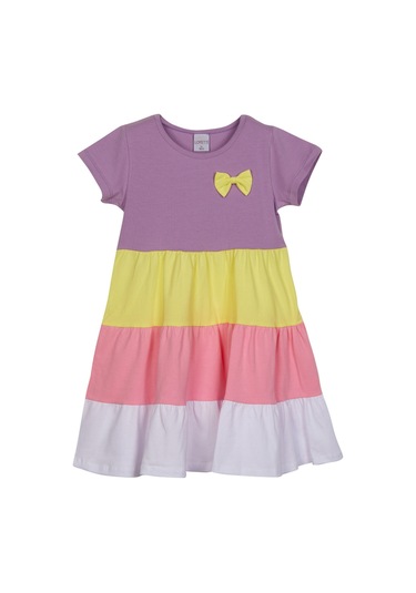 Lovetti Lila + Beyaz Kız Çocuk Kısa Kol Fiyonklu Renkli Kat Kat Elbise 9242W098 Lila - Beyaz