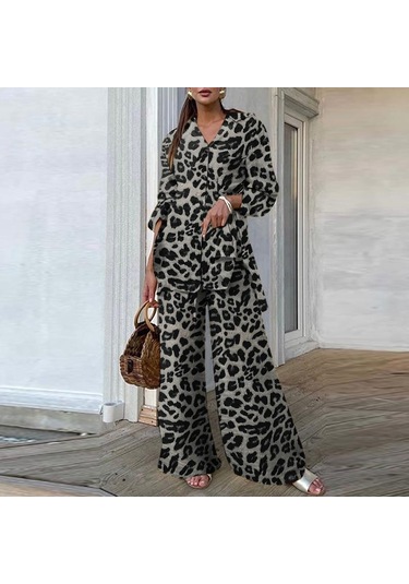 Zanzea Bahar 2 Adet Setleri Kadın Leopar Baskı Gömlek Ve Uzun Pantolon Geniş Bacak Koyu Gri Zanzea Bahar 2 Adet Setleri Kadın Leopar Baskı Gömlek Ve Uzun Pantolon Geniş Bacak Koyu Gri