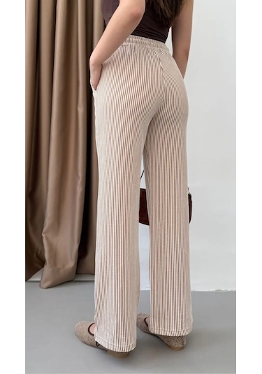Yandan Cepli Beli Bağcıklı Su Yolu Kadın Çizgili Pantolon Kahverengi