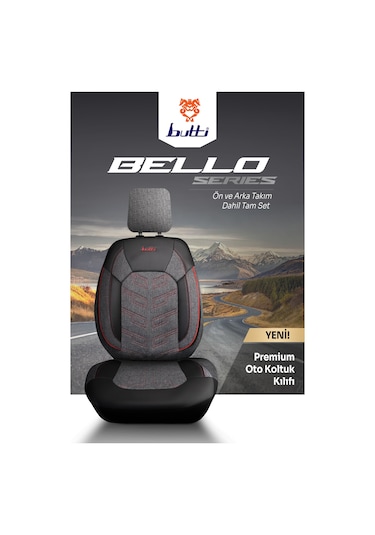 Siyah - Kırmızı Butti Bello Serisi Keten Kumaş Premium Oto Koltuk Kılıfı Ortopedik Destekli, Ön Arka Tam Set