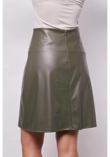 Kadın Hafif Likralı Deri Yüksek Bel Diz Boy Çan Etek-haki Haki