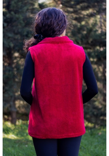 Kadın Bordo Kırmızı Dik Yaka Kalın Peluş Fermuarlı Yelek 24kylkk215 001