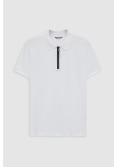 Twn Slim Fit Beyaz Pike Dokulu Yarım Fermuarlı Polo Yaka T-shirt 4ec14ortfrplo Beyaz