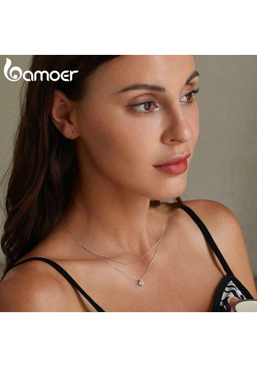 Bamoer 925 Ayar Gümüş Parlayan Zirkon Kolye Kolye Çift Katmanlı Boyun Zinciri Kadınlar İçin Nişan Düğün Güzel Takı Gümüş