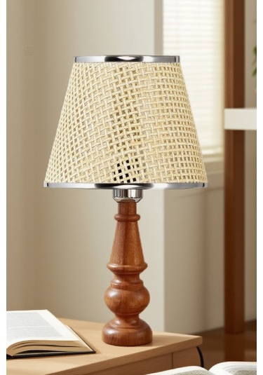 Ahşap Gövdeli Kumaş Başlıklı Dekoratif Abajur Masa Lambası Aydınlatma Lamba Bej