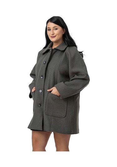 Büyük Beden Gömlek Yaka Reglan Kollu Torba Cepli Astarsız Kaşe Kısa Gri Kaban Gri