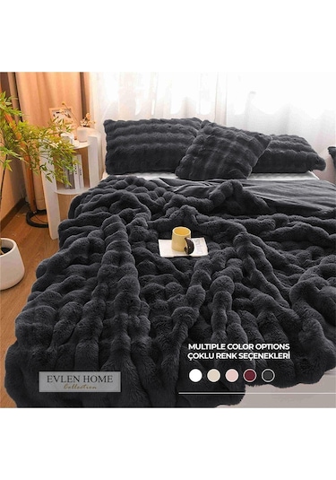 Evlen Home Kürk Yatak Örtüsü Çift Kişilik Dolgulu Peluş Yumuşak Çift Taraflı Yorgan 3 Parça Loria Antrasit Füme Antrasit