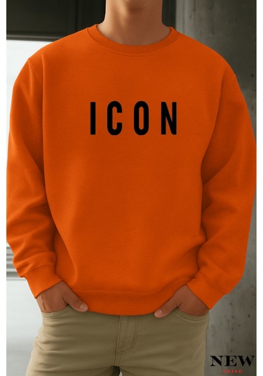 Icon Baskılı Bisiklet Yaka Sweatshirt Turuncu