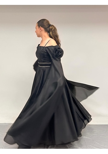 Kız Çocuk Abiye Siyah Uzun Askılı Kolları Çıkabilen Pelerinli Şifon Abiye Elbise 10-15 Yaş Siyah