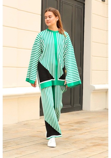 Çizgili Bisiklet Yaka Triko Takım Yeşil Yeşil