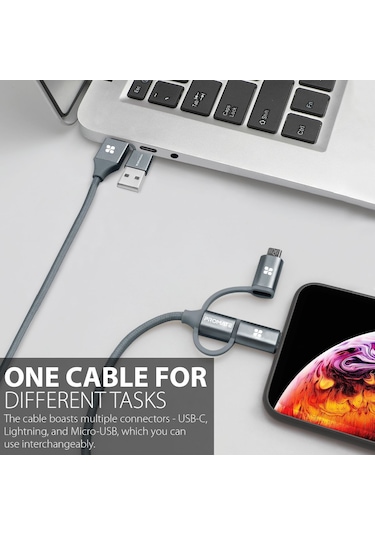 Promate Universal Lightning Type-C Micro-USB Şarj Kablosu Gri