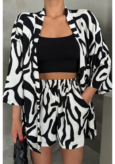 Modagen Kadın Zebra Desenli Kimono Şort Alt Üst Takım Siyah Beyaz