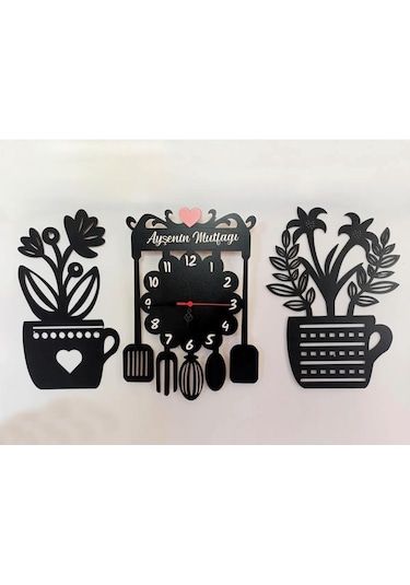 Mutfak Duvar Saati 3lü Set Kişiye Özel İsimli Siyah