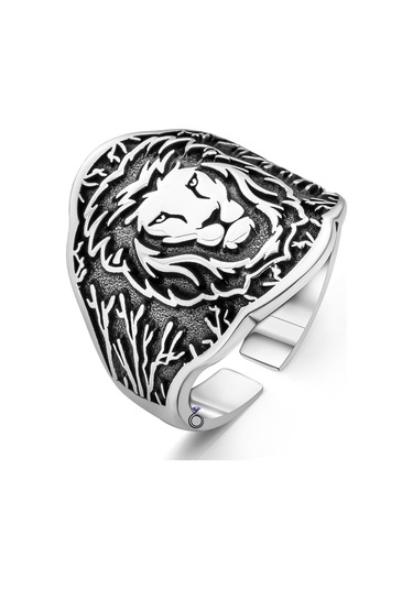 925 Ayar Gümüş Aslan Figürlü Ayarlanabilir Ölçü Erkek Yüzük