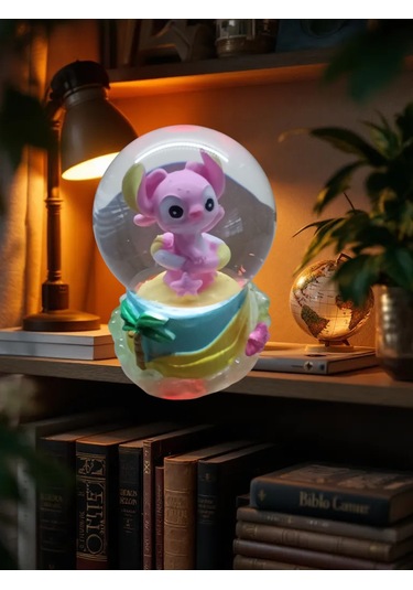 Stitch - Sarı Altlık 11cm-7cm Pilli Pembe Kar Küre