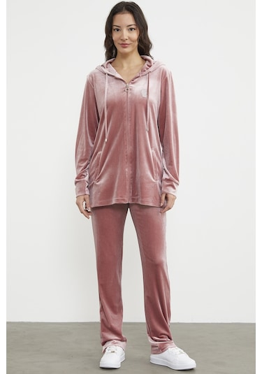 Tam Fermuarlı Tunik Boy Kadife Eşofman Takım - Pudra 001