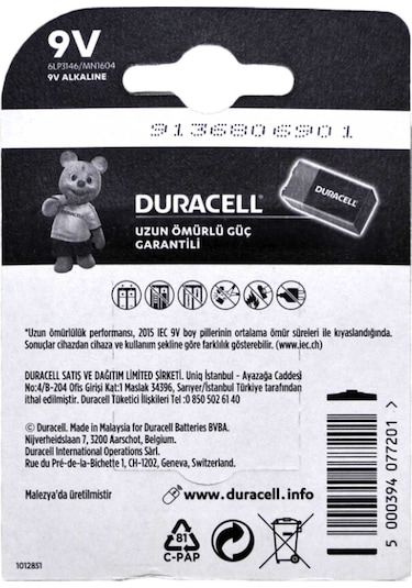 Duracell 6LP3146/MN1604 Alkalin 9V Pil 5'li
