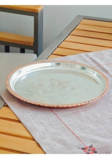 Moda Bakır İşlemeli Bakir Sunum Tepsisi 27 Cm Bakır