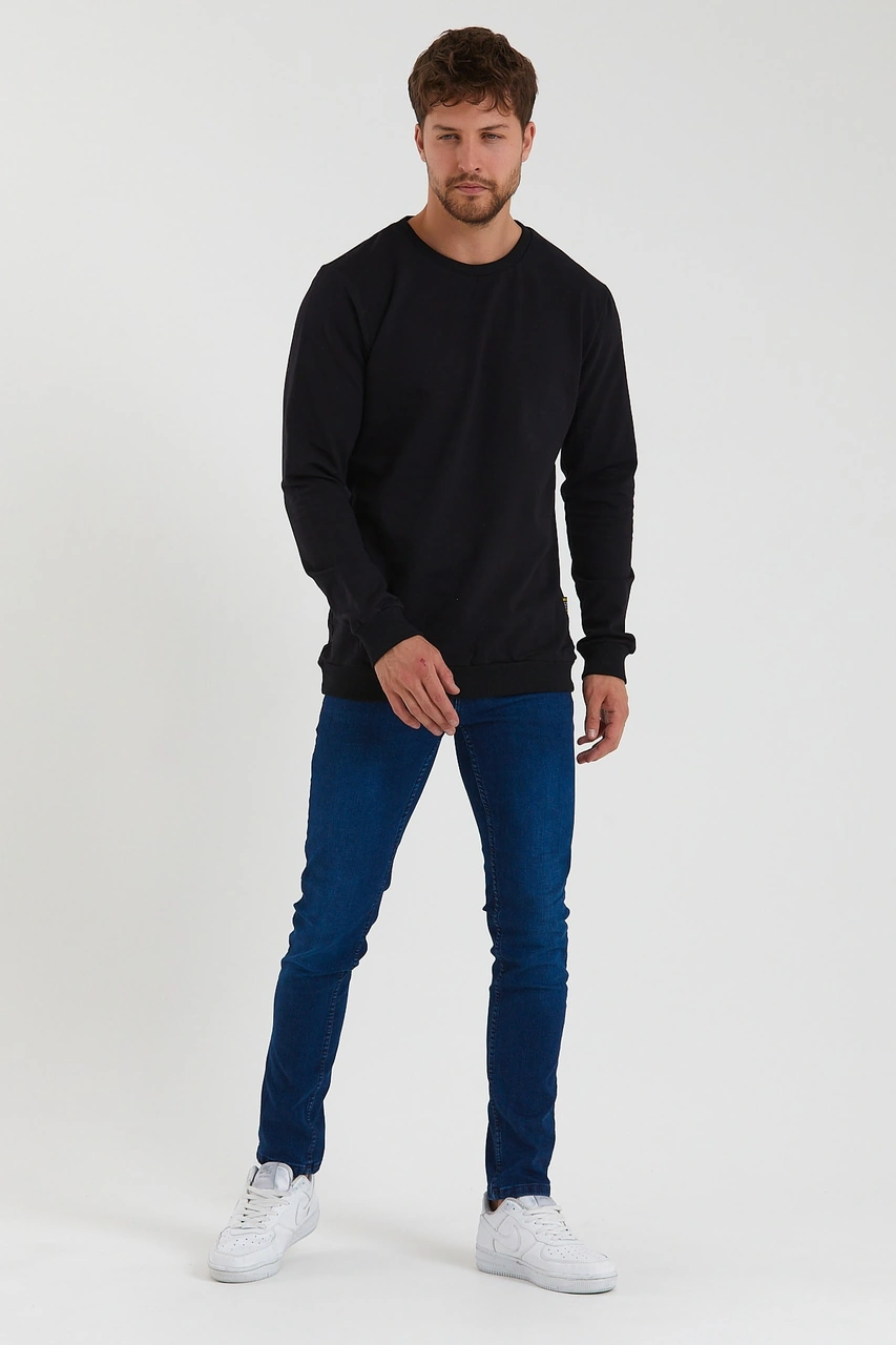Veaven Erkek Siyah Bisiklet Yaka Slim Fit Sweatshirt Siyah