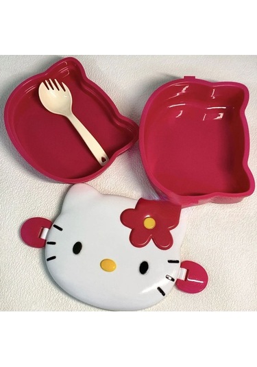 Kawaii 3d Hello Figür Kabartmalı 2 Katlı Çatal Ve Kaşıklı Kilitli Beslenme Çantası Kutusu