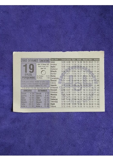 19 Eylül 2002 Takvim Yaprağı - Nostalji Koleksiyonluk Takvim Yaprağı A