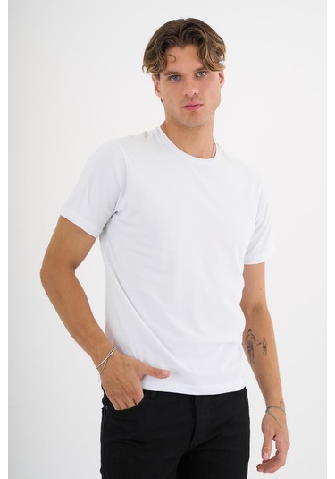 Erkek Beyaz %100 Pamuklu Standart Kalıp Likralı Basic T-shirt Siyah