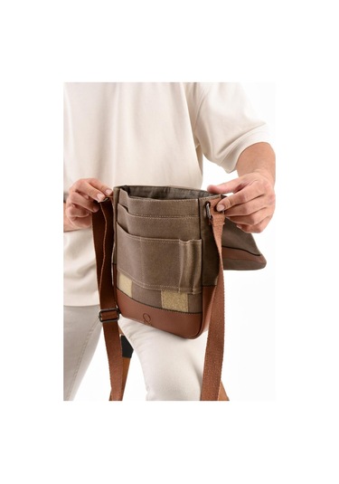 Kanvas Kumaş Tablet Çantası Erkek Postacı Çanta 27 23 Cm Çapraz Askılı Omuz Çantası Camel