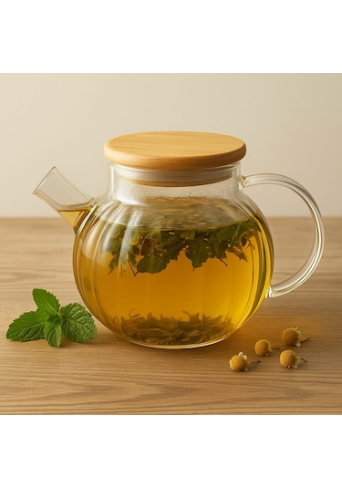 Dekorasyaa Isıya Dayanıklı Süzgeçli Cam Bambu Demlik 1000ml Cam