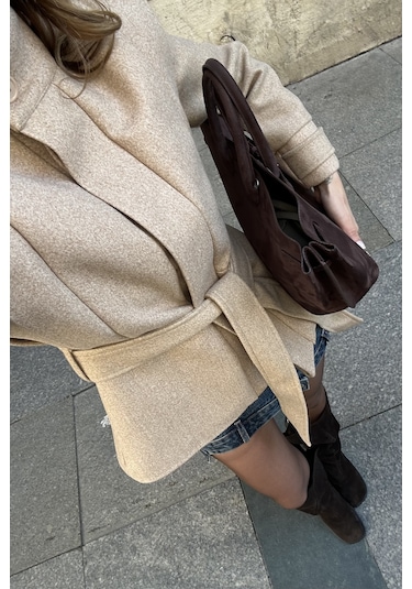 Bej Vatkalı Kuşaklı Kaşe Ceket - 1001 Bej