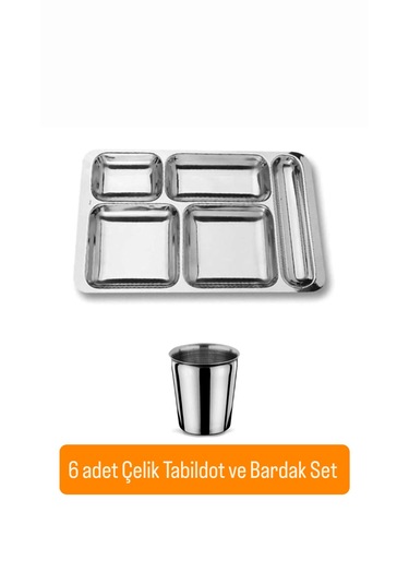 12 Parça Piknik Kahvaltılık Çelik Tabildot Set 6 Adet Tabldot ,6 Adet Bardak gümüş