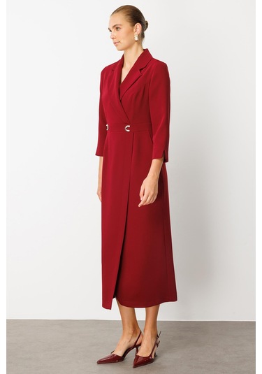 Moda İlgi Kadın Beli Aksesuarlı Cepli Kruvaze Elbise 6626 Bordo Bordo