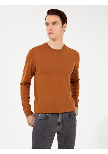 Cacharel Tarçın Slim Fit Bisiklet Yaka Basic Triko Kazak Turuncu