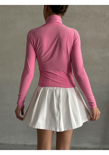 Kadın Büzgü Detaylı Dik Yaka Sandy Bluz Pembe