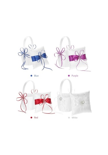 Novahub Şık Düğün Seti: Beyaz Kurdeleli Çiçek Sepeti, Yüzük Yastığı, 15x15x5, 22.5x13x12, Renk: Beyaz/mavi/mor/kırmızı Diğer