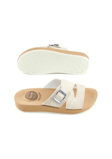 Gezer Kadın Yazlık Alt Taban Pu Suni Deri Tek Toka Ayarlanabilir Rahat Masaj Taban Günlük Terlik Bej