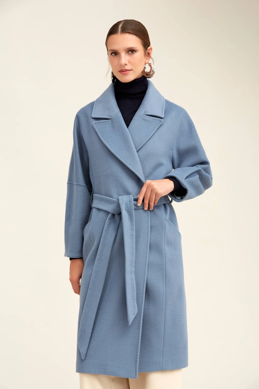 Saykı Woman Mavi Regular Fit Ceket Yaka Kaşe Yünlü Oversize Manto Mavi