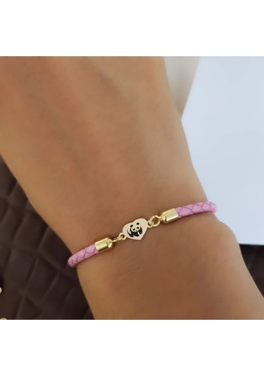 Archin Panda Temalı Kalp Figürlü 14 Ayar Altın Plakalı Pembe Derili Hediye Bileklik-473sembol Panda Temalı