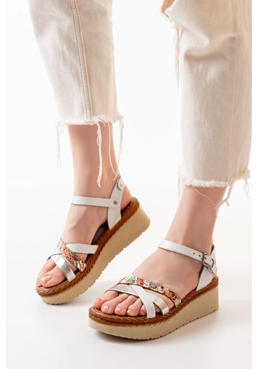 730-015 Beyaz Garni Ortopedik Hakiki Deri Dolgu Kadın Sandalet Beyaz