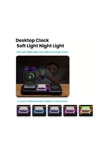 Topshop1 Beyaz 30w Alarmli Kablosuz Sarj Cihazi 6si 1 Arada Rgb Karanlikta Parlayan Hizli Sarj Istasyonu İphone Uyumlu İwatch İcin