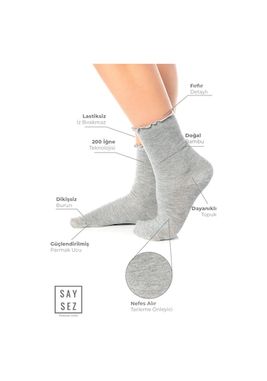 Bambu Kadın Lastiksiz Gri Fırfırlı Soket Dikişsiz Çorap 3'lü Paket / İz Bırakmaz / Sıkmayan Çorap Renkli
