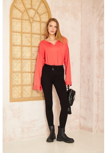 Kadın Ekstra Uzun Duble Kol / Yakası Yırtmaçlı Salaş Sweatshirt Bluz 3470190 Mercan