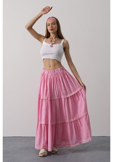 Dantel Detaylı Etek - Pembe Pembe