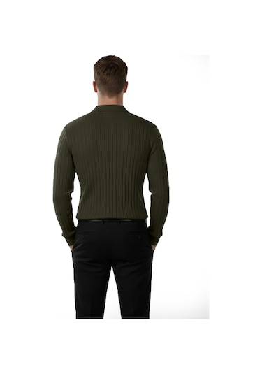 Deepsea Erkek Haki Polo Yaka Fitilli Triko Kazak %100 Pamuk, Esnek Dokulu, Modern Kalıp 2605305 Haki