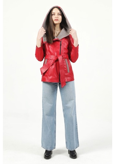 Dericlub Yb-2163/80 Gerçek Deri Kadın Kaban Kırmızı