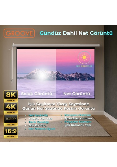 Groove Vizio Pro 120 Inch Blackout Işık Geçirmez Elektrikli Otomatik Kumandalı Projeksiyon Perdesi 265x150cm +motorlu+canlı Renkler+göz Koruması+leke Tutmaz Projector