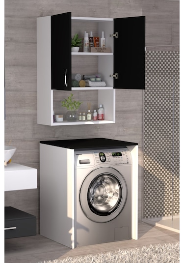Üst Dolaplı Çok Amaçlı Çamaşır Makinesi Dolabı Siyah Beyaz