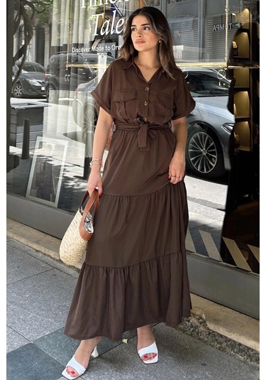 Kahve Kısa Kol, Airobin Kumaş, Yarım Patlı, Kemerli/kuşaklı, Eteği Pliseli, Cepli Maxi Uzun Elbise Kahve